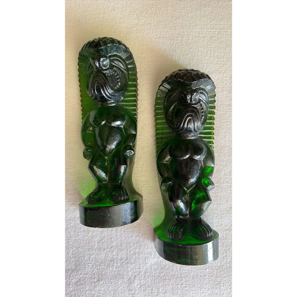 MCM Tiki Mayan Pair of 2 Green Acrylic Decor Statues Polynesian